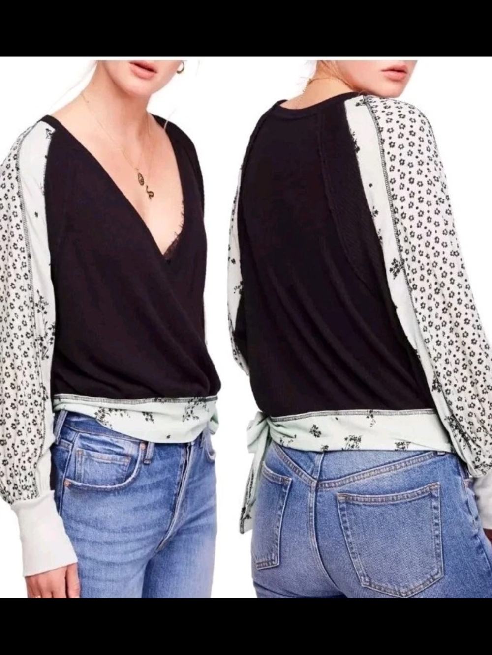 Free People Women's Auxton Long Sleeve Thermal Wrap Top V Neck Black/Mint Green